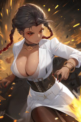 Rule 34 | 1girl, absurdres, animification, apex legends, bangle, black choker, bracelet, braid, breasts, brown hair, brown pantyhose, choker, cleavage, closed mouth, coat, cowboy shot, dark-skinned female, dark skin, eyeshadow, fingernails, floating hair, forehead, gradient hair, highres, jewelry, large breasts, loba (apex legends), long fingernails, long hair, looking at viewer, makeup, multicolored hair, nail polish, pantyhose, red nails, shanguier, smile, solo, twin braids, white coat