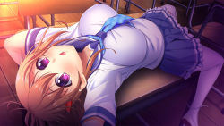 Rule 34 | 1girl, bdsm, blue neckerchief, blue skirt, blush, bondage, bound, breasts, brown hair, cable tie, chair, chestnut mouth, classroom, desk, female focus, frilled skirt, frills, game cg, hair ornament, hairclip, indoors, large breasts, looking at viewer, lying, m de pink, neckerchief, on back, on desk, open mouth, pleated skirt, saxasa kisuk, school, school chair, school desk, school uniform, serafuku, shinano kurumi, shoes, short hair, short sleeves, skirt, solo, thighhighs, tsukue otome., uwabaki, white thighhighs