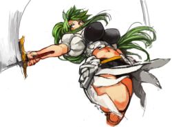 Rule 34 | 1girl, bike shorts, breasts, female focus, green hair, high ponytail, holding, large breasts, long hair, navel, original, ponytail, sachito, sidelocks, simple background, solo, sumi-chan (sachito), sword, weapon, white background, yellow eyes