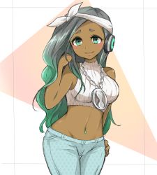Rule 34 | 1girl, bare arms, bare shoulders, black hair, blush, breasts, closed mouth, crop top, cropped sweater, dark-skinned female, dark skin, denim, gradient hair, green eyes, green hair, groin, halterneck, hand on own hip, hand up, headband, headphones, hip focus, humanization, jeans, lips, long hair, looking at viewer, marina (splatoon), medium breasts, mesoso, midriff, mole, mole under mouth, multicolored hair, navel, navel piercing, nintendo, octoling, pants, piercing, smile, solo, splatoon (series), splatoon 2, standing, stomach, sweater vest, thigh gap, turtleneck, unmoving pattern, upper body, very long hair