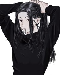 Rule 34 | 1boy, arms behind head, arms up, bad id, bad twitter id, black eyes, black hair, black shirt, chokeke 005, hair tie in mouth, holding, holding own hair, hunter x hunter, illumi zoldyck, long sleeves, looking at viewer, mouth hold, parted lips, ponytail, shirt, simple background, solo, straight hair, turtleneck, tying hair, upper body, white background