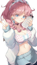 Rule 34 | 1girl, absurdres, arknights, blue eyes, blue poison (arknights), blue poison (shoal beat) (arknights), blush, braid, breasts, character name, choker, cleavage, clothes writing, crop top, grey jacket, hairband, hands up, highres, jacket, long hair, looking at viewer, medium breasts, midriff, navel, official alternate costume, open clothes, open jacket, pink choker, pink hair, shao (shaorouhong), simple background, smile, solo, sports bra, stomach, twin braids, v, white background