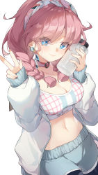 1girl absurdres arknights blue_eyes blue_poison_(arknights) blue_poison_(shoal_beat)_(arknights) blush braid breasts character_name choker cleavage clothes_writing crop_top grey_jacket hairband hands_up highres jacket long_hair looking_at_viewer medium_breasts midriff navel official_alternate_costume open_clothes open_jacket pink_choker pink_hair shao_(shaorouhong) simple_background smile solo sports_bra stomach twin_braids v white_background