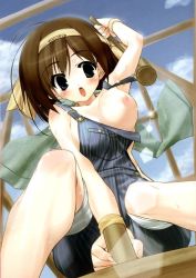 Rule 34 | 1girl, black eyes, breasts, brown hair, hairband, hammer, large breasts, mallet, naked overalls, nipple slip, nipples, no bra, open mouth, overalls, short hair, sitting, solo, sweat, urotan, wardrobe malfunction