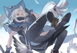 Rule 34 | 1girl, arknights, bird, black capelet, black gloves, black hat, black legwear, black pants, blue sky, boots, capelet, chinese commentary, clothing cutout, commentary request, gloves, grey hair, grey shirt, hat, highres, long hair, one eye closed, pants, shirt, skadi (arknights), sky, solo, thigh cutout, very long hair, was775