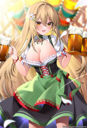 1girl apron beer_mug black_skirt blonde_hair blurry blurry_background borrowed_character breasts brown_eyes cleavage commission cowboy_shot cup dirndl german_clothes green_apron highres holding holding_cup large_breasts long_hair mug original shirt skeb_commission skirt solo white_shirt yuntae