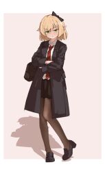 Rule 34 | 1girl, :t, alternate costume, bag, black bag, black bow, black coat, black footwear, black pantyhose, black skirt, blonde hair, blush, bow, casual, chinese commentary, closed mouth, coat, commentary request, crossed arms, fengzhong yuntuan, full body, green eyes, hair bow, highres, long sleeves, looking at viewer, mizuhashi parsee, necktie, open clothes, open coat, pantyhose, pointy ears, pout, red necktie, satchel, shirt, shoes, short hair, skirt, sleeve cuffs, solo, touhou, white shirt