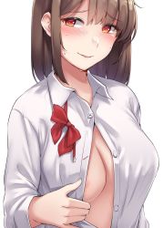 Rule 34 | 1girl, areola slip, blush, bowtie, breasts, brown hair, highres, kiritto, large breasts, long sleeves, medium hair, open clothes, open shirt, original, parted lips, red eyes, red neckwear, shirt, sideboob, simple background, solo, sweat, undone bowtie, upper body, white background, white shirt