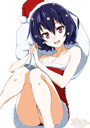 Rule 34 | 1girl, :d, artist name, bare arms, bare legs, bare shoulders, black hair, breasts, carrying over shoulder, cleavage, collarbone, dress, feet out of frame, fur-trimmed dress, fur trim, knees up, koutarou (plusdrive), looking at viewer, mizuno ai, open mouth, panties, pantyshot, pink eyes, red dress, red panties, sack, santa dress, short dress, short hair, signature, simple background, sitting, small breasts, smile, solo, strapless, strapless dress, teeth, underwear, upper teeth only, upskirt, white background, zombie land saga