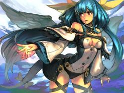 Rule 34 | 1girl, arc system works, bare shoulders, black panties, blue background, blue hair, bow, breasts, commentary request, contrapposto, cowboy shot, detached collar, detached sleeves, dizzy (guilty gear), guilty gear, guilty gear xrd, hair bow, hungry clicker, large bow, long hair, long sleeves, looking to the side, low-tied long hair, medium breasts, panties, parted lips, red eyes, solo, standing, twintails, underwear, wings, yellow bow
