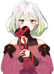 Rule 34 | 1girl, bare shoulders, black bow, bow, box, braid, closed mouth, ear piercing, earrings, gift, gift box, gradient hair, green hair, hair between eyes, heart, heart-shaped box, heart earrings, highres, holding, holding gift, jewelry, long sleeves, looking at viewer, multicolored hair, nail polish, off-shoulder sweater, off shoulder, piercing, pink nails, pink sweater, puffy long sleeves, puffy sleeves, purple eyes, sakuragi ren, silver hair, simple background, sleeves past wrists, smirk, solo, sweater, upper body, virtual youtuber, white background, yuni (yuni channel), yuni channel