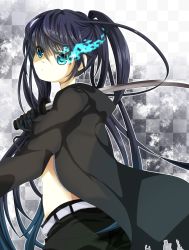 Rule 34 | 10s, bad id, bad pixiv id, black hair, black rock shooter, black rock shooter (character), blue eyes, blue fire, coat, fire, gloves, long hair, paranato, shorts, solo, sword, twintails, very long hair, weapon