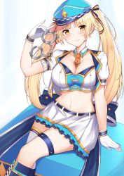 Rule 34 | 1girl, absurdres, bang dream!, between breasts, blonde hair, blue hat, boots, breasts, cleavage, commentary request, crop top, cropped jacket, cuffs, detached collar, frilled skirt, frills, gloves, gold trim, hand up, handcuffs, hat, highres, holding, jacket, kurigura (sketch san), large breasts, long hair, looking at viewer, midriff, miniskirt, navel, necktie, open clothes, open jacket, peaked cap, pleated skirt, shirt, short necktie, short sleeves, simple background, single thighhigh, sitting, skirt, solo, stomach, thigh strap, thighhighs, tsurumaki kokoro, twintails, white background, white gloves, white jacket, white shirt, white skirt, yellow eyes, zettai ryouiki