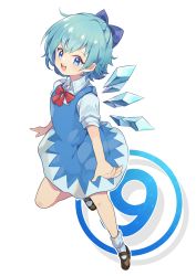 Rule 34 | 1girl, blue bow, blue dress, blue eyes, blue hair, blue shirt, blue socks, blush, bow, bowtie, brown footwear, circled 9, cirno, collar, collared shirt, dress, hair between eyes, highres, ice, ice wings, leg up, looking at viewer, noboritoro, open mouth, puffy short sleeves, puffy sleeves, red bow, red bowtie, shadow, shirt, shoes, short hair, short sleeves, simple background, smile, socks, solo, standing, standing on one leg, teeth, tongue, touhou, white background, wings