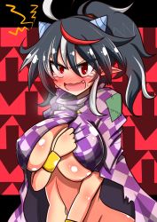 Rule 34 | 1girl, arrow (symbol), black hair, blush, cape, embarrassed, fang, grey horns, horns, kijin seija, multicolored hair, naked cape, pointy ears, ponytail, red eyes, red hair, rindou (p41neko), solo, streaked hair, striped horns, tears, touhou, white hair