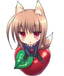 Rule 34 | 00s, animal ears, apple, brown hair, chibi, chimaro, food, fruit, holo, long hair, lowres, red eyes, solo, spice and wolf, tail, wolf ears, wolf tail