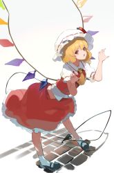 Rule 34 | 1girl, absurdres, ascot, blonde hair, crystal, flandre scarlet, hat, hat ribbon, highres, kurowa (curowa), mob cap, open mouth, puffy short sleeves, puffy sleeves, red eyes, red skirt, ribbon, shoes, short sleeves, skirt, solo, tile floor, tiles, touhou, vest, white hat, wings, yellow ascot