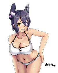 Rule 34 | 10s, 1girl, bare arms, bikini, breasts, clenched teeth, collarbone, eyepatch, grin, hair between eyes, halterneck, hand on own hip, hayabusa (vert 320), headgear, kantai collection, large breasts, leaning forward, looking at viewer, midriff, navel, parted lips, purple hair, smile, solo, stomach, swimsuit, teeth, tenryuu (kancolle), thighs, white bikini, yellow eyes