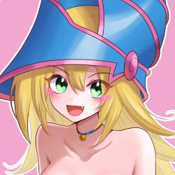 Rule 34 | 1girl, bare shoulders, bell, blonde hair, blue hat, blush stickers, collar, collarbone, commentary request, dark magician girl, duel monster, fang, green eyes, hat, highres, long hair, looking at viewer, neck bell, open mouth, paid reward available, pink background, sengenjin31, simple background, smile, solo, topless, witch, witch hat, yu-gi-oh!