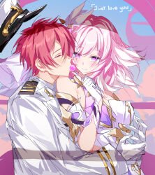Rule 34 | 1boy, 1girl, bare shoulders, breasts, candy, captain (honkai impact), closed eyes, closed mouth, detached sleeves, elbow gloves, elysia (herrscher of human:ego) (honkai impact), elysia (honkai impact), english text, evzeva, food, gloves, hair between eyes, hair ornament, hat, highres, honkai (series), honkai impact 3rd, hug, hug from behind, lollipop, looking at another, military uniform, multicolored background, naval uniform, pink eyes, pink hair, pink pupils, red hair, shirt, short hair, smile, uniform, white gloves, white hat, white shirt, white veil