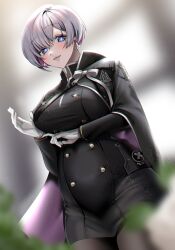 Rule 34 | + +, 1girl, adjusting clothes, adjusting gloves, black cape, black jacket, black pantyhose, blue eyes, blurry, blush, cape, closed mouth, colored inner hair, covered navel, depth of field, dutch angle, earrings, gloves, goddess of victory: nikke, highres, jacket, jewelry, liliweiss (nikke), looking at viewer, military uniform, multicolored hair, pantyhose, purple cape, purple eyes, purple hair, short hair, smile, solo, star-shaped pupils, star (symbol), symbol-shaped pupils, two-tone cape, uniform, white gloves, white hair, ymr yamero