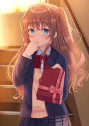 Rule 34 | 1girl, arms up, bad id, bad pixiv id, blazer, blue eyes, blue jacket, blush, bow, bowtie, box, brown hair, covering own mouth, embarrassed, gift, gift box, hair intakes, hand on own face, handrail, highres, holding, holding gift, incoming gift, indoors, jacket, light frown, light particles, long hair, nibosi, original, plaid, plaid skirt, red bow, red bowtie, school uniform, shirt, skirt, solo, stairs, standing, sunset, sweater, twilight, two side up, upper body, v-neck, valentine, very long hair, white shirt, window