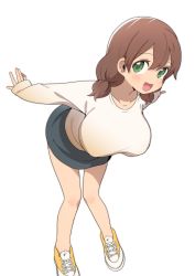 Rule 34 | 1girl, :d, absurdres, black skirt, blush, breasts, brown hair, commentary request, full body, green eyes, hair between eyes, highres, leaning forward, long sleeves, looking at viewer, low twintails, luke (dydansgur), medium breasts, no socks, open mouth, original, shirt, shoes, short twintails, simple background, skirt, sleeves past wrists, smile, solo, standing, twintails, white background, white shirt, yellow footwear