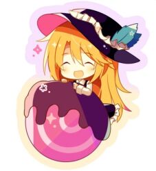 Rule 34 | 1girl, black dress, black hat, blonde hair, chibi, chuqi1030, closed eyes, collared shirt, commentary request, dress, frilled skirt, frills, hat, hat feather, jacket girl (dipp), long hair, long sleeves, open mouth, pinafore dress, shirt, skirt, sleeveless, sleeveless dress, smile, solo, touhou, white shirt