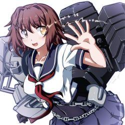 Rule 34 | 1girl, 547th sy, black gloves, bodysuit, brown hair, chain, commentary request, cowboy shot, furutaka (kancolle), furutaka kai ni (kancolle), gloves, glowing, glowing eye, hair ornament, hairclip, heterochromia, highres, kantai collection, looking at viewer, machinery, school uniform, serafuku, short hair, simple background, single glove, solo, waving, white background, yellow eyes