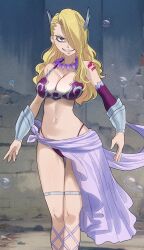 Rule 34 | 1girl, blonde hair, breasts, cleavage, colorized, fairy tail, gaston18, hair over one eye, kiria (fairy tail), large breasts, long hair, navel, purple eyes, revealing clothes, smile, solo