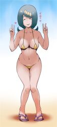 Rule 34 | 1girl, bikini, breasts, closed eyes, collarbone, creatures (company), double v, ero kaeru, facing viewer, freckles, full body, game freak, hands up, heart, highres, knees, knees together feet apart, lana&#039;s mother (pokemon), long hair, medium breasts, micro bikini, navel, nintendo, open mouth, pigeon-toed, pokemon, pokemon (anime), pokemon sm (anime), purple footwear, raised eyebrows, sandals, smile, solo, standing, sweat, swimsuit, toes, v, yellow bikini