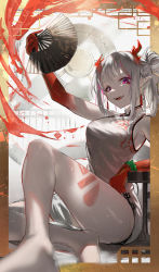 Rule 34 | 1girl, :d, arknights, bare legs, bare shoulders, barefoot, bead bracelet, beads, blurry, blurry foreground, border, bracelet, breasts, brown border, colored skin, depth of field, dragon girl, dragon horns, dragon tail, earrings, feet out of frame, folding fan, gradient skin, grey hair, hair bun, hand fan, highres, holding, holding fan, horns, jewelry, large breasts, long hair, looking at viewer, multicolored hair, nian (arknights), nian (unfettered freedom) (arknights), official alternate costume, open mouth, pelvic curtain, pointy ears, ponytail, purple eyes, red hair, red skin, shield, sidelocks, single hair bun, sitting, smile, solo, streaked hair, tail, thighs, two-tone hair, yo-ba yo