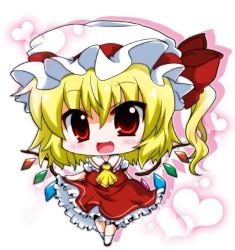 Rule 34 | 1girl, ascot, bad id, bad pixiv id, blonde hair, bow, chibi, crystal, female focus, flandre scarlet, hat, hat bow, heart, looking at viewer, noai nioshi, open mouth, puffy sleeves, red eyes, short hair, short sleeves, side ponytail, solo, touhou, wings