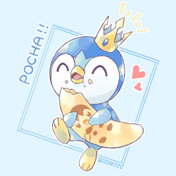 Rule 34 | ^ ^, banana, blue background, character print, closed eyes, commentary request, creatures (company), crown, eating, closed eyes, food, food on face, framed, fruit, game freak, gen 4 pokemon, happy, heart, highres, holding, kotone11152, mini crown, nintendo, no humans, open mouth, piplup, pokemon, pokemon (creature), smile, solo, tongue, twitter username