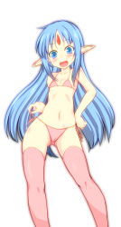 Rule 34 | 1girl, bare shoulders, bikini, blue eyes, blue hair, blush, collarbone, feet out of frame, female focus, flat chest, forehead jewel, from below, full body, gluteal fold, hand on own hip, highres, kalar (race), legs apart, long hair, long pointy ears, looking at viewer, matching hair/eyes, nao (hotahotadou), navel, open mouth, pink bikini, pink thighhighs, pointy ears, rance (series), rance quest, reset kalar, side-tie bikini bottom, simple background, smile, solo, swimsuit, teeth, thighhighs, upper teeth only, white background