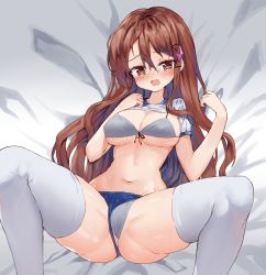 Rule 34 | 1girl, absurdres, bed sheet, blue buruma, blush, bra, breasts, brown eyes, brown hair, buruma, buruma aside, cleavage, clothes lift, clothing aside, copyright request, crop top, crystal, gym shirt, gym uniform, hair between eyes, hair ornament, hands up, highres, large breasts, long hair, looking at viewer, lying, navel, nose blush, on back, open mouth, panties, puffy short sleeves, puffy sleeves, shirt, shirt lift, short sleeves, solo, spread legs, sweat, tandohark, thighhighs, underwear, very long hair, white bra, white panties, white shirt, white thighhighs