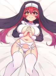 Rule 34 | 1girl, bebatch, bed, blue shrug, blush, breasts, cleft of venus, closed mouth, covered collarbone, dot nose, eyebrows, eyelashes, feet out of frame, female focus, garter belt, heterochromia, holding hands, hololive, houshou marine, houshou marine (nun), interlocked fingers, large breasts, long hair, long sleeves, looking at viewer, lying, navel, nervous, nervous smile, nervous sweating, nun, official alternate costume, on back, on bed, own hands together, panties, pov, praying, red eyes, red hair, shrug (clothing), smile, solo, sweat, thighhighs, two-tone shrug, underwear, virtual youtuber, white panties, white shrug, white thighhighs, yellow eyes