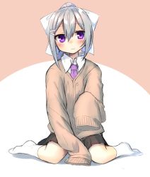 Rule 34 | 1girl, aged down, black skirt, blush, bow, brown cardigan, cardigan, closed mouth, collared shirt, hair between eyes, hair bow, hair ornament, hairclip, high ponytail, highres, higuchi kaede, kneehighs, long sleeves, looking at viewer, moti yousei, necktie, nijisanji, no shoes, oversized clothes, pleated skirt, ponytail, purple eyes, purple necktie, school uniform, shirt, sidelocks, silver hair, sitting, skirt, sleeves past fingers, sleeves past wrists, socks, solo, virtual youtuber, wariza, white bow, white shirt, white socks