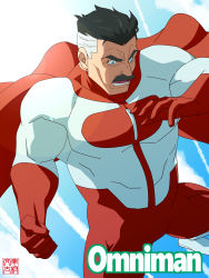Rule 34 | 1boy, absurdres, bara, black hair, blue eyes, bodysuit, bulge, bunta ru, cape, facial hair, flying, highres, invincible (series), male focus, mature male, multicolored hair, muscular, muscular male, mustache, old, old man, omni-man, pectorals, red bodysuit, red cape, short hair, sideburns, skin tight, solo, two-tone hair, western comics (style), wind