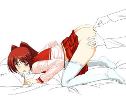 Rule 34 | 00s, 1girl, a1 (initial-g), all fours, ass, bed, brown eyes, fingering, kousaka tamaki, long hair, male hand, miniskirt, no panties, no shoes, one eye closed, pillow, pleated skirt, red hair, school uniform, serafuku, simple background, skirt, skirt around belly, solo focus, thighhighs, to heart (series), to heart 2, top-down bottom-up, white background, white thighhighs, wince