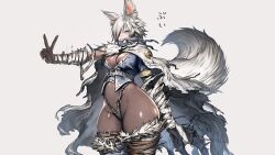 Rule 34 | 1girl, animal ears, arm up, blue eyes, blue jacket, bodystocking, breasts, bright pupils, cape, cleavage, copyright request, cowboy shot, fox ears, fox girl, fox tail, fur-trimmed cape, fur-trimmed thighhighs, fur trim, groin, hair over one eye, jacket, medium breasts, purusawa, short hair, simple background, solo, tail, thighhighs, v, white background, white cape, white hair, white pupils