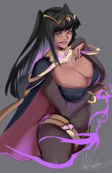 Rule 34 | 1girl, black hair, bodysuit, breasts, cape, cleavage, fire emblem, fire emblem awakening, highres, large breasts, long hair, nintendo, puzzled artist (name), tan, tharja (fire emblem), twintails