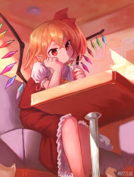 Rule 34 | 1girl, ascot, chair, drinking, flandre scarlet, frilled shirt, frilled shirt collar, frilled skirt, frilled sleeves, frills, highres, medium hair, no headwear, nyztsune, one side up, pointy ears, puffy short sleeves, puffy sleeves, red eyes, red skirt, red vest, restaurant, shirt, short sleeves, skirt, solo, straw, table, thinking, touhou, vest, white shirt, yellow ascot