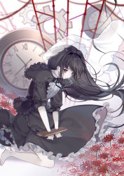 Rule 34 | 1girl, abstract background, absurdres, akemi homura, akemi homura (black dress), black dress, black hairband, black ribbon, capelet, clock, collared shirt, crying, crying with eyes open, dress, expressionless, flower, frilled dress, frilled shirt, frills, full body, funeral dress, gears, hair between eyes, hair ornament, hairband, highres, kneeling, long hair, looking down, magical girl, mahou shoujo madoka magica, mahou shoujo madoka magica: hangyaku no monogatari, moseley, neck ribbon, pale skin, red eyes, red flower, restrained, ribbon, sad, shirt, short sleeves, sidelocks, silk, solo, spider lily, spider web, stocks, tears, veil, very long hair, white background, white shirt