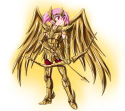 Rule 34 | 1girl, armor, arrow (projectile), bow (weapon), breastplate, cosplay, gauntlets, gold armor, greaves, highres, hipporit, kaname madoka, kouga (hipporit), mahou shoujo madoka magica, mahou shoujo madoka magica (anime), parody, pauldrons, pink eyes, pink hair, sagittarius aioros, sagittarius aioros (cosplay), saint seiya, shoulder armor, solo, weapon, wings