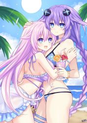 Rule 34 | 2girls, armband, beach, bikini, blue eyes, blush, braid, breasts, commentary, cup, english commentary, hair between eyes, hair flaps, hair ornament, hand on another&#039;s head, highres, holding, holding cup, hug, lewdkuma, long hair, looking at viewer, medium breasts, multiple girls, neptune (series), ocean, open mouth, outdoors, palm tree, pink hair, power symbol, power symbol-shaped pupils, purple hair, purple heart (neptunia), purple sister, sidelocks, signature, smile, sun, swimsuit, symbol-shaped pupils, thigh strap, tree, twin braids