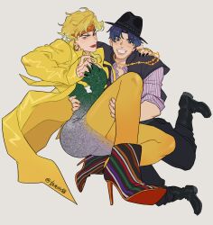 Rule 34 | 2boys, absurdres, ankle boots, ass, black footwear, black headwear, black nails, black pants, blonde hair, blue eyes, blue hair, blush, boots, carrying, coat, commentary, crossdressing, dio brando, earrings, english commentary, fangs, full body, grin, hat, headband, heart, high heels, highres, honlo, hoop earrings, jewelry, jojo no kimyou na bouken, jonathan joestar, long coat, long hair, looking at viewer, male focus, multiple boys, necklace, pants, pantyhose, red eyes, red lips, shirt, short hair, smile, striped clothes, striped shirt, two-tone dress, yaoi, yellow coat, yellow pantyhose