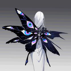 Rule 34 | 1girl, 270 (woshizongg), animated, animated gif, bare shoulders, black skin, butterfly girl, butterfly wings, chain, colored skin, dress, epilepsy warning, extra eyes, facing away, from behind, gradient background, grey background, highres, insect wings, jewelry, long hair, looking at viewer, monster girl, multicolored eyes, original, pointy ears, solo, standing, white dress, white hair, wing eyes, wings
