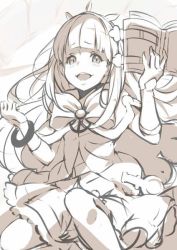 Rule 34 | 10s, 1girl, blush, book, bow, bracelet, bracer, cagliostro (granblue fantasy), cape, granblue fantasy, hairband, holding, holding book, jewelry, kujou ichiso, long hair, open book, open mouth, sketch, skirt, smile, solo
