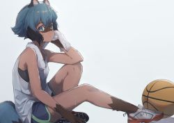 Rule 34 | 1girl, absurdres, animal ears, ball, basketball, basketball (object), basketball uniform, blue eyes, blue hair, blue shorts, body fur, brand new animal, commentary request, furry, furry female, grey background, highres, kagemori michiru, multicolored eyes, multicolored footwear, multicolored hair, raccoon ears, raccoon girl, raccoon tail, shirt, shoes, short hair, short shorts, shorts, simple background, sitting, sneakers, solo, sportswear, sweat, tail, tanuki, towel, towel around neck, white towel, yossui